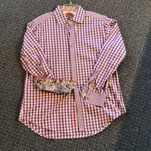 Robert Graham purple and white checkered shirt.